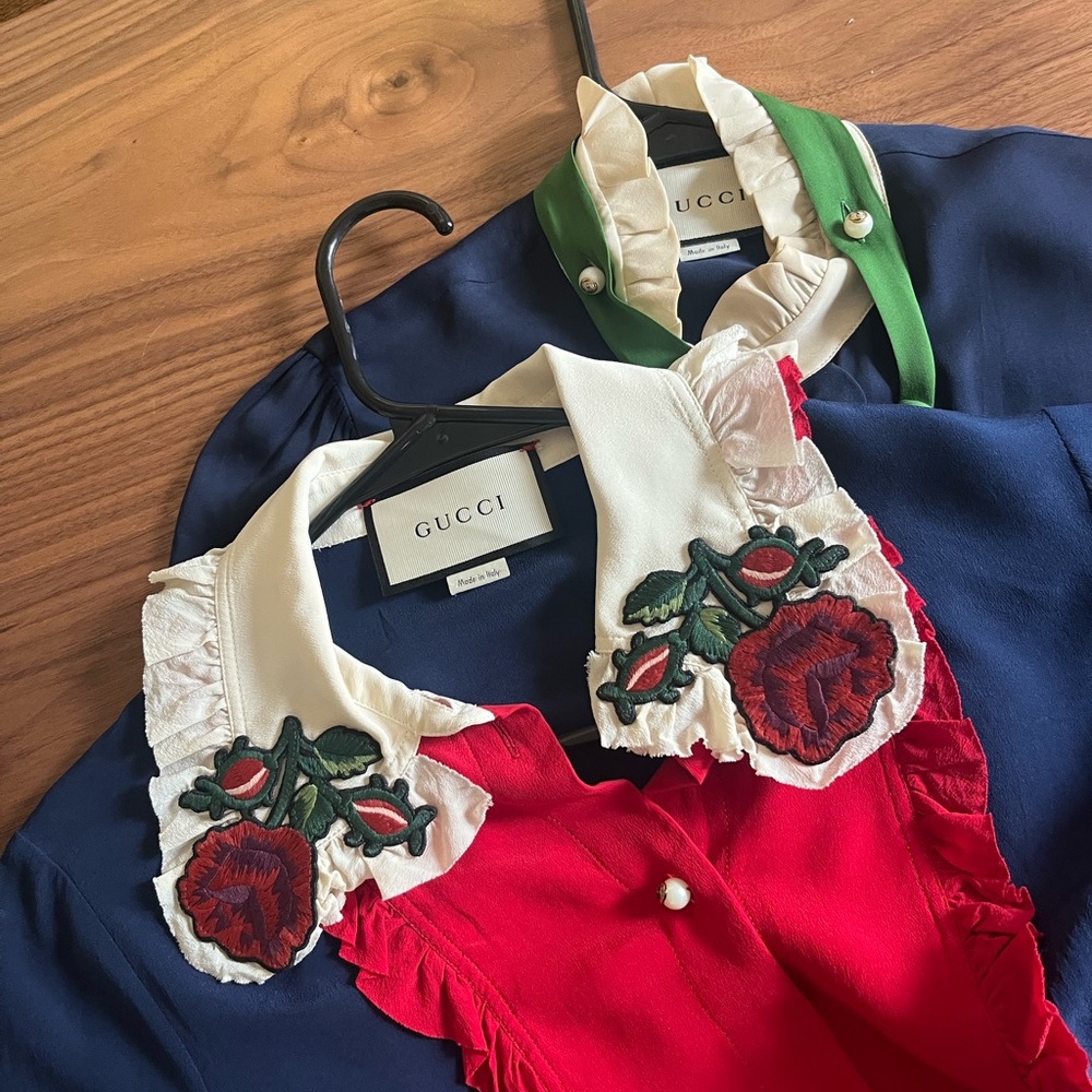 Gucci Navy Blouse with Cream Ruffle and Green Tie